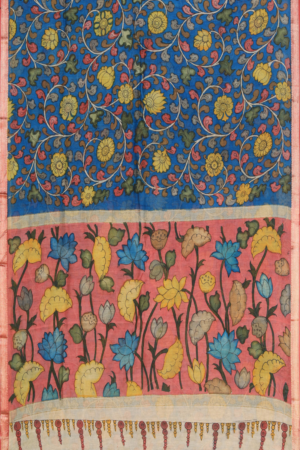 Image of Kalamkari Hand-Painted Blue Saree